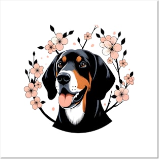 Black and Tan Coonhound Enjoys Spring Cherry Blossoms Posters and Art